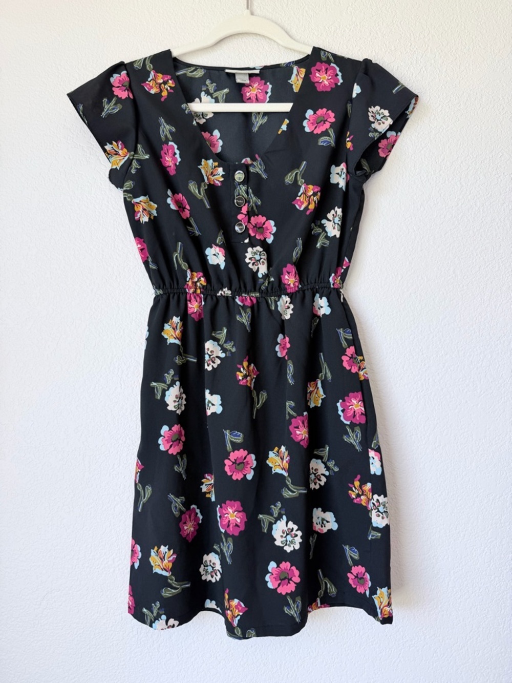 Tucker for Target Black Floral Mini Dress Button Front Pockets Size Small